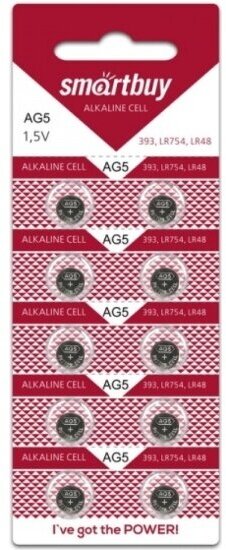 Элемент питания Smartbuy Alkaline Cell AG5 (LR48/ LR754/ G5/ 193/ V393/ SR754W) бл 10