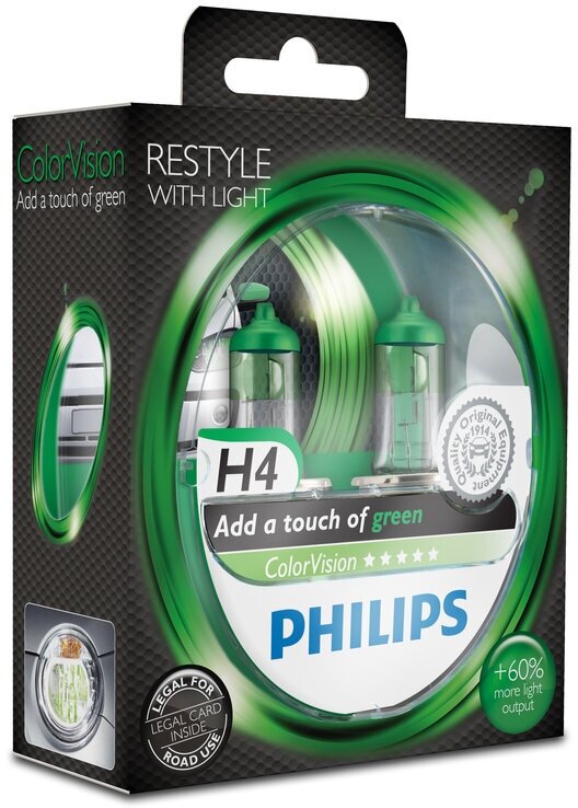 Лампа Philips 12-60/55 Вт. H4 Color Vision галогеновая зёленая, комплект 2шт 12342CVPGS2/36787428
