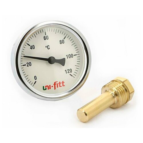 фото Uni- fitt термометр аксиальный uni- fitt 1/2" 120° 80 мм с погружной гильзой 50 мм uni-fitt