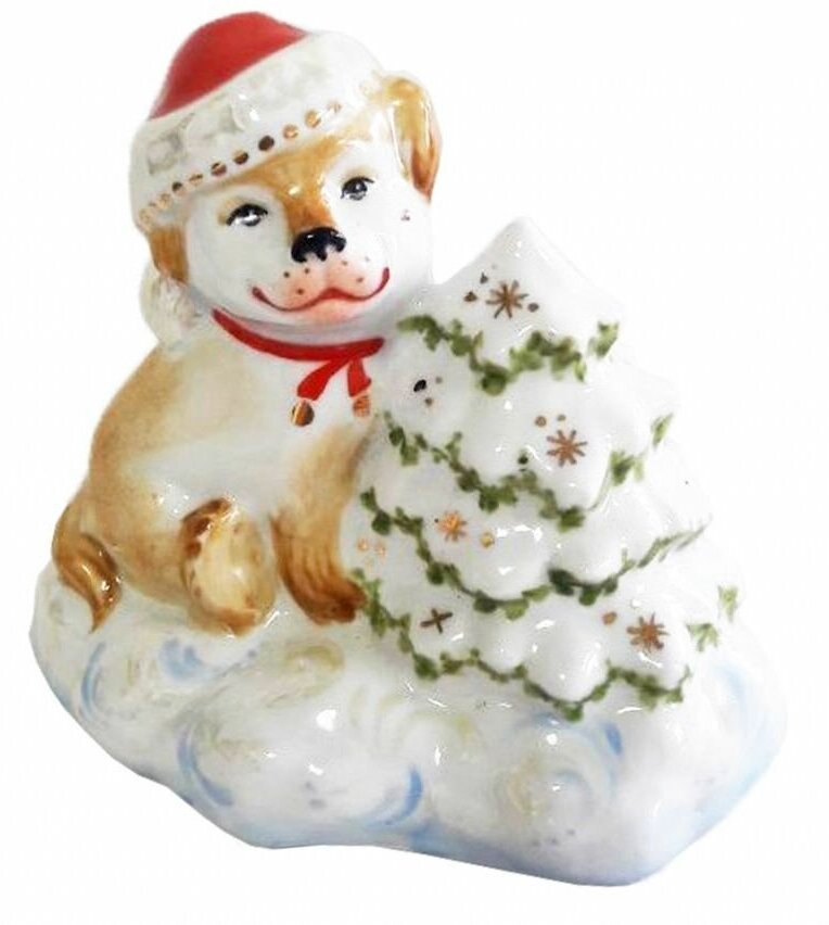 фото Статуэтка "Собачка с ёлкой", 10 см. Дулёвский фарфоровый завод ДФЗ. Фарфор.