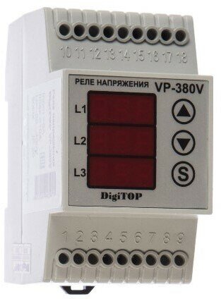 DigiTOP Vp-380V Реле напряжения трехфазное на DIN-рейку, 50-400В, макс. 6А, 5-600 сек.