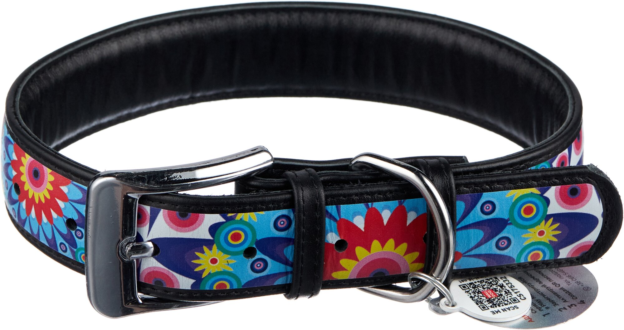Ошейник WAUDOG Design "Цветы" для собак кожаный, с QR паспортом, Ш 35 мм, Дл 46-60 см черный
