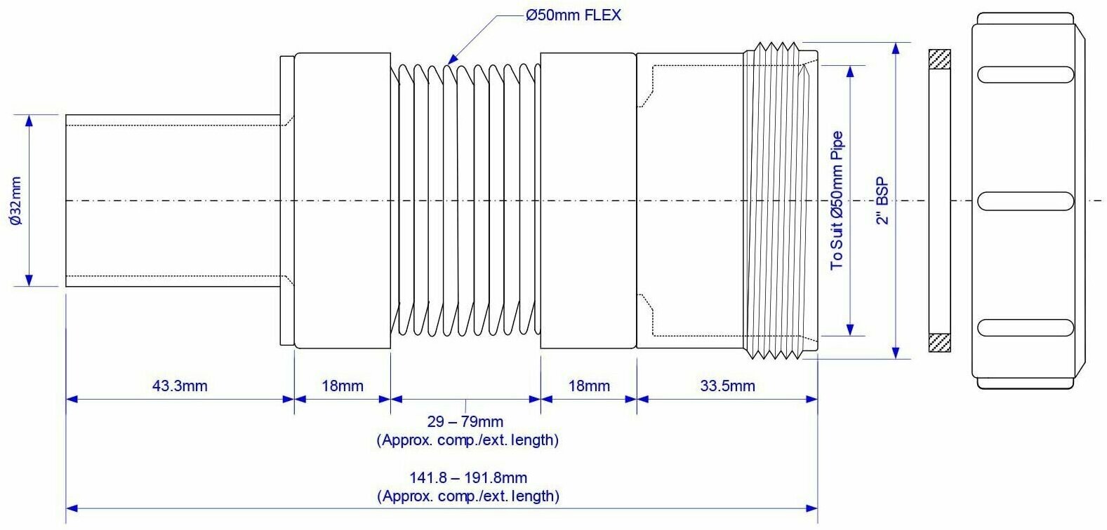 MFLEX-3250PC Труба гофрированная раздвижная (L142-191мм, D50мм); вход Дн 32мм, выход Ду 50мм (компрессионное соединение) - фотография № 2