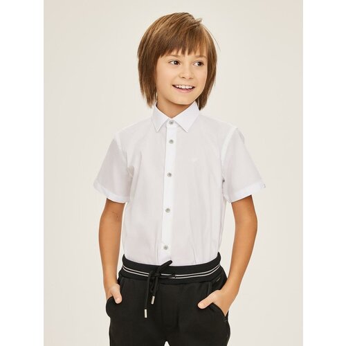 Школьная рубашка Noble People, полуприлегающий силуэт, на кнопках, короткий рукав, однотонная, размер 122, белый