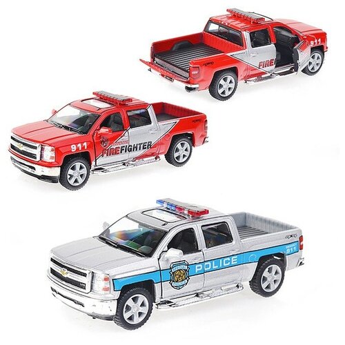 Машинка металлическая 1:46 2014 Chevrolet Silverado (Police/ Fire Fighter) инерционная / Микс машинка 2014 chevrolet silverado fire fighter инерционная металлическая kt5381dpr1 коллекционная модель 1 46 подарок мальчику kinsmart