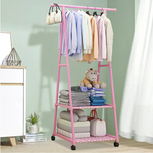 Напольная гардеробная вешалка стойка в прихожую для хранения одежды, обуви и вещей / Розовая высокая этажерка стеллаж на колесиках с 2 полками