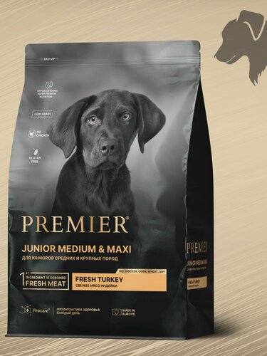 Изображение товара Сухой корм для собак PREMIER Dog Turkey JUNIOR Medium&Maxi (Свежее мясо индейки для юниоров средних и крупных пород) 10 кг