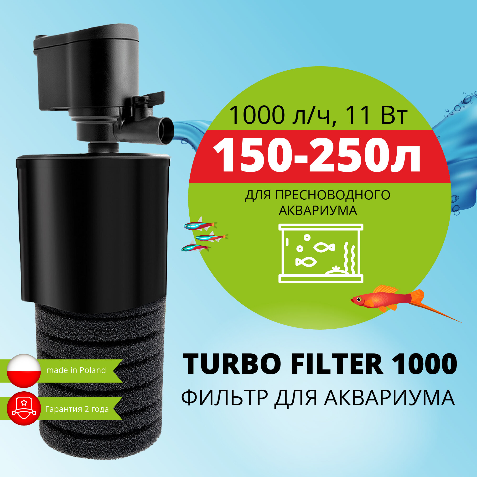 Фильтр внутренний AQUAEL TURBO FILTER 1000 для аквариума 150 - 250 л (1000 л/ч, 11 Вт, h = 110 см)