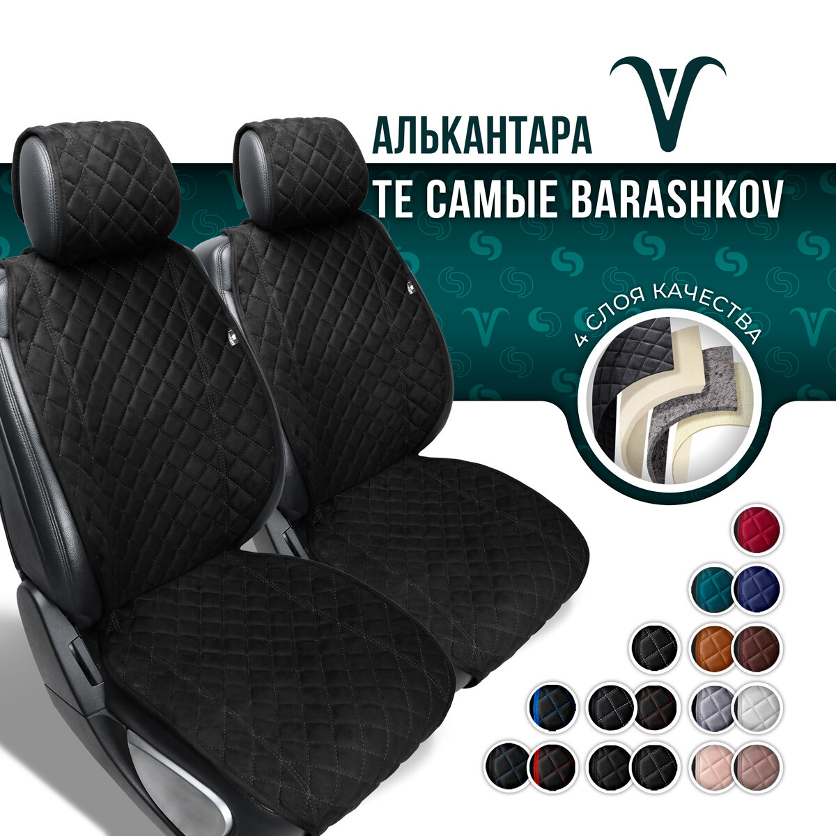 BARASHKOV/ Комплект накидок из алькантары на передние сиденья автомобиля "CLASSIC". Накидка чехол на сиденье 2 шт. Модель L. Черный, серая строчка