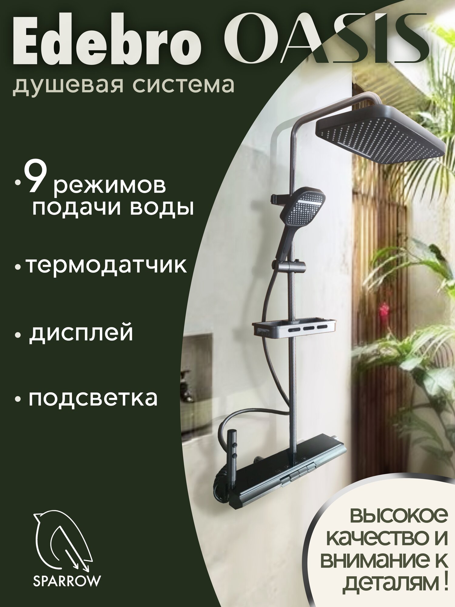 Душевая система Ederbo OASIS с дисплеем и тропическим душем (серый)