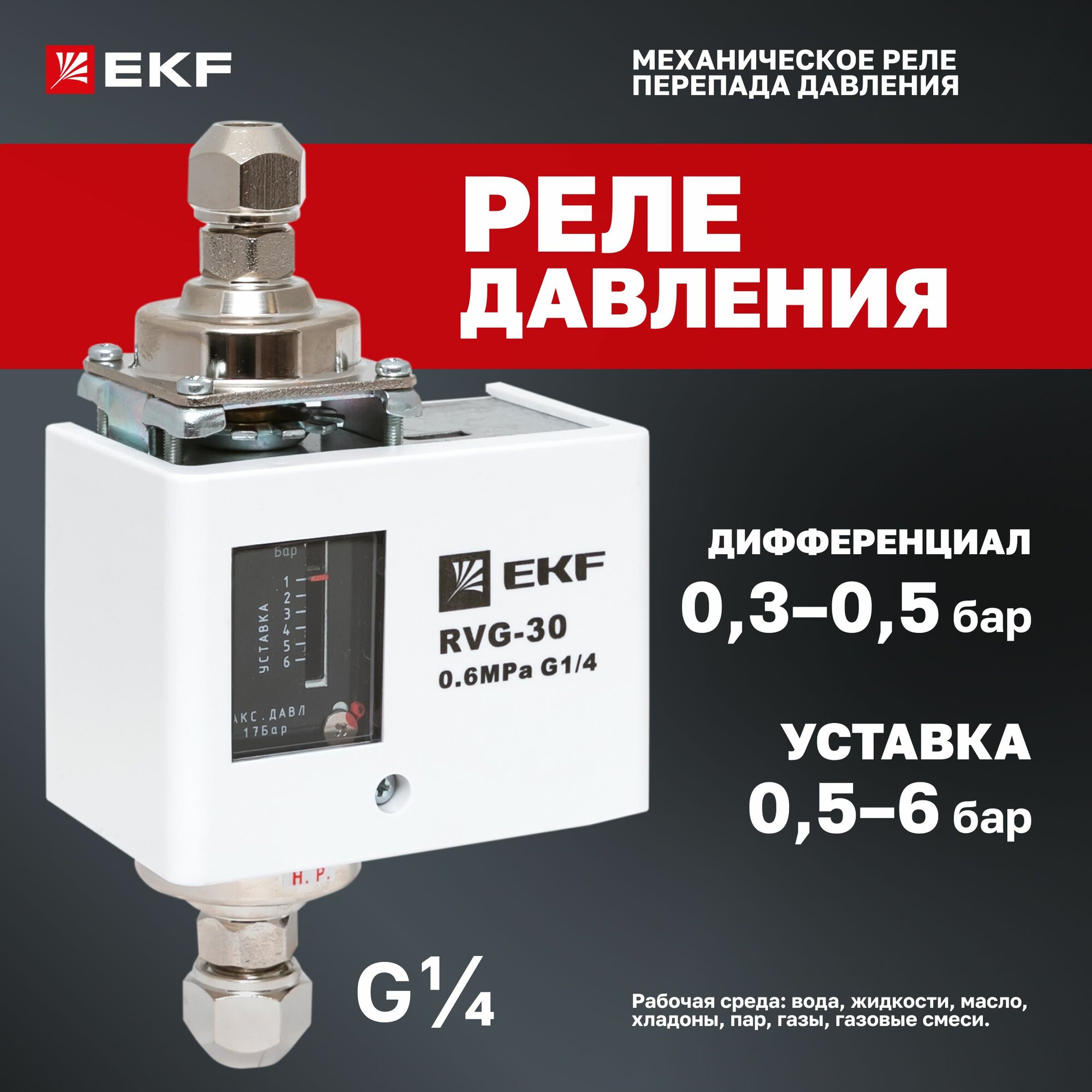 Реле давления воды для насоса механическое, дифференциального (перепада) давления EKF RVG-30-0,6-4 (0,6 МПа) подходит также для других жидкостей, масел, хладонов, пара, газов и газовыхсмесей