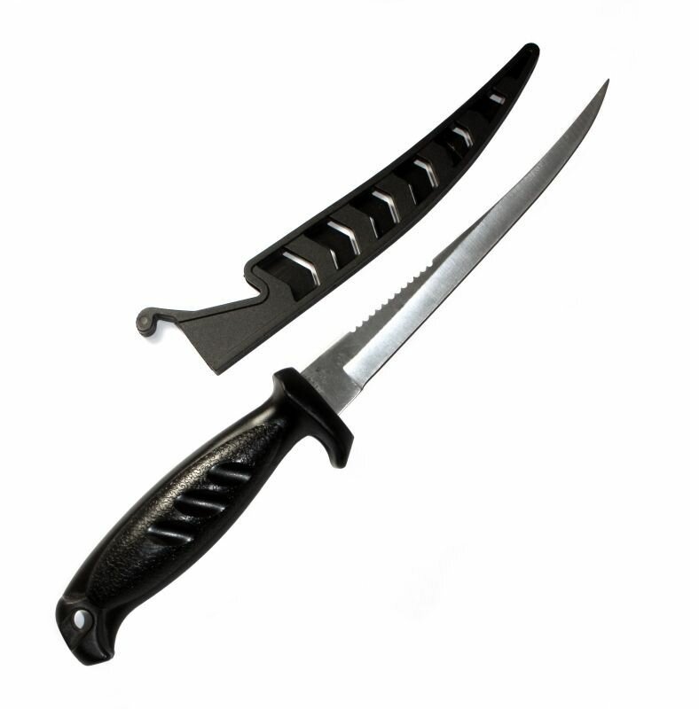 Нож филейный Kosadaka N-F501 с серрейтором, жёсткий чехол с фиксатором 15см