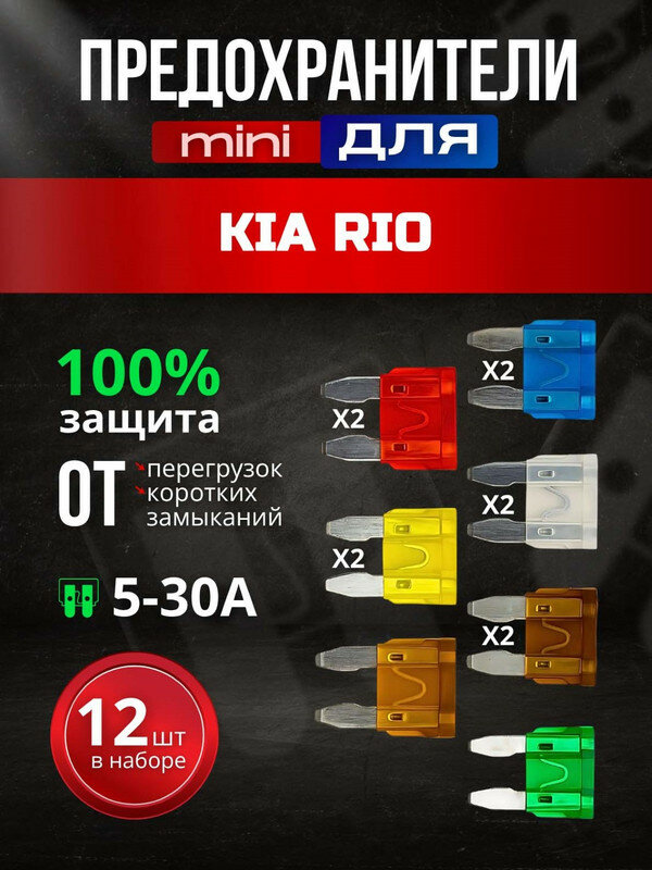 Предохранители для КИА Рио (KIA Rio) / автомобильный набор Мини, 12 штук с пинцетом / флажковые 5-30 А
