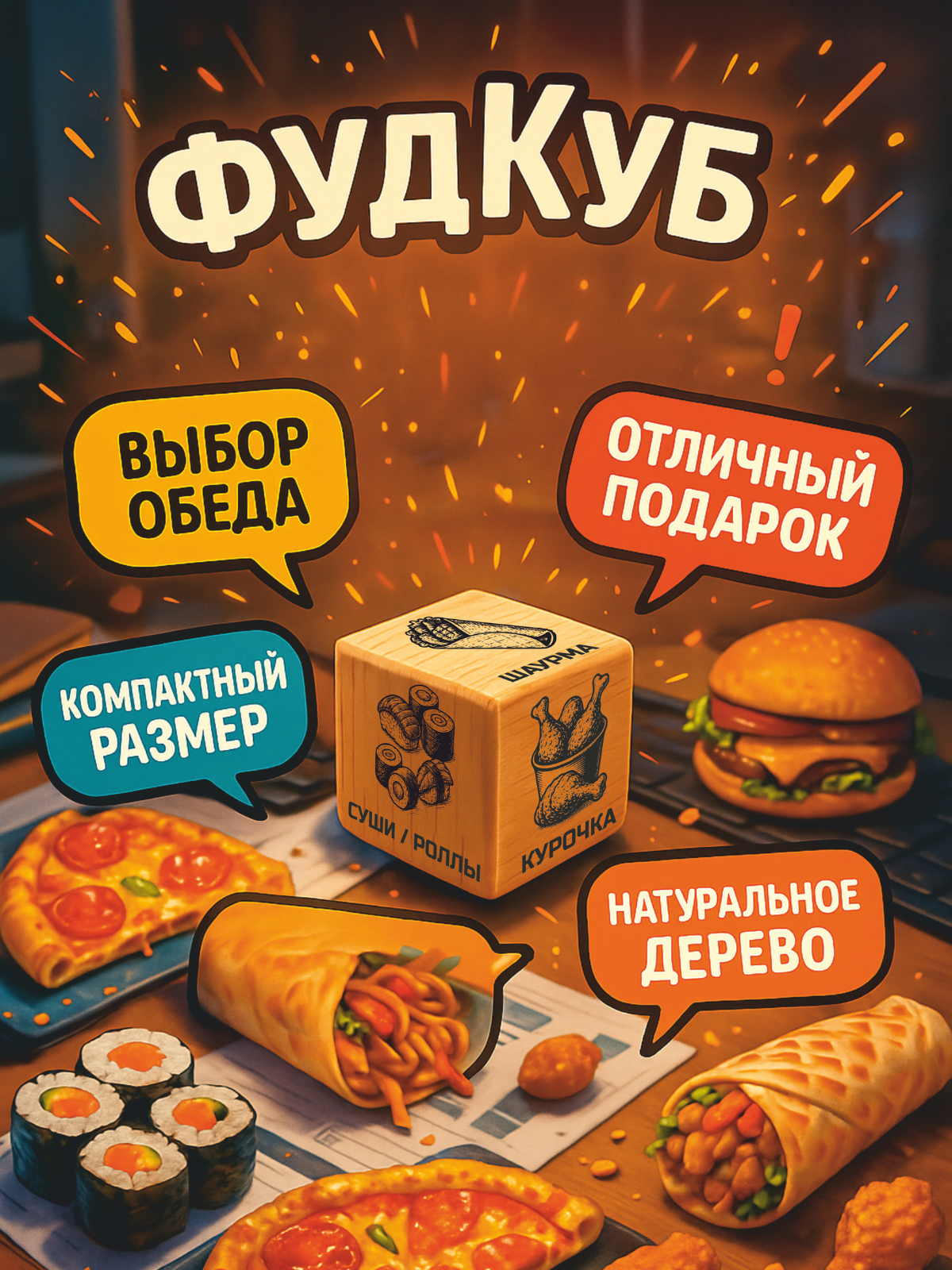 Уникальный деревянный решательный кубик для выбора обеда или ужин — фото 1
