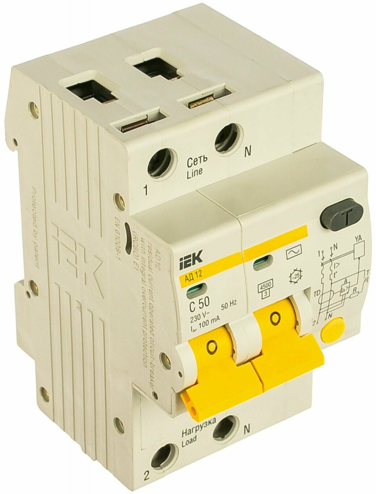 Выключатель автоматический дифференциального тока 2п C 50А 100мА тип AC 4.5кА АД-12 IEK MAD10-2-050-C-100