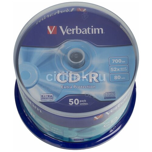 комплект 5 упаковок носители информации cd r 52x verbatim extra protection cake 50 43351 Носители информации CD-R, 52x, Verbatim Extra Protection, Cake/50, 43351