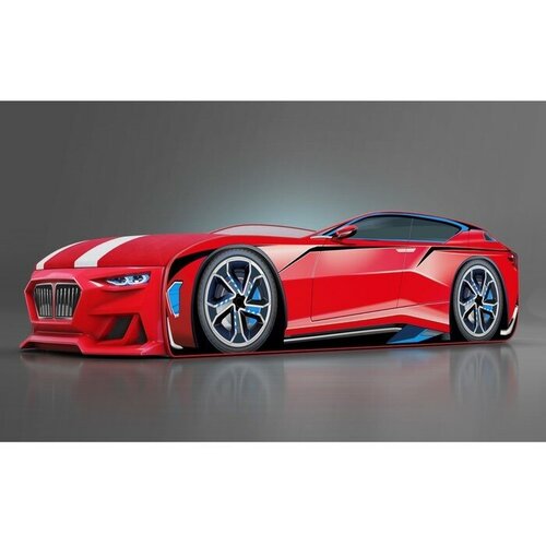 Детская кровать-машина Boxter, цвет красный, с подсветкой фар, ящиком для белья и матрасом в спортивном дизайне