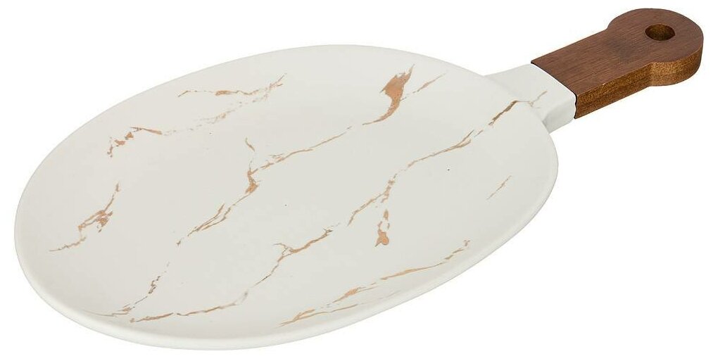 фото Блюдо для сервировки С деревянной ручкой коллекция "золотой мрамор" цвет: WHITE 37,5*19*2,4 СМ