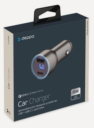 Изображение товара Автомобильное зарядное устройство Deppa, 1xUSB-C + 1xUSB-A, PD 3.0, черное, 36W (11294)