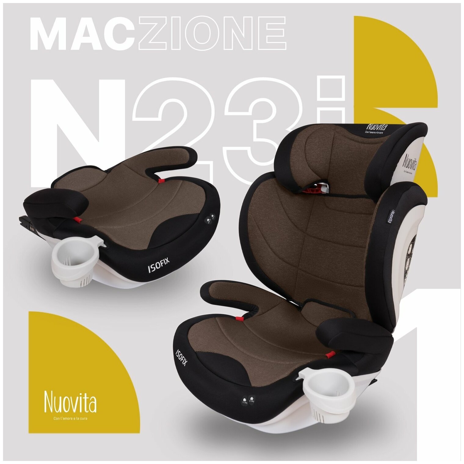 Автокресло детское с креплением Isofix Nuovita Maczione N23i-1, группа 2/3 от 3,5 до12 лет, весом от 15 до 36 кг/ трансформируется в бустер (Caffe/Кофейный)