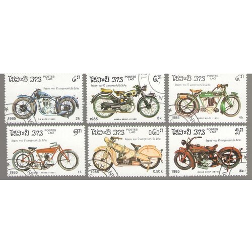Набор почтовых марок Лаоса, серия мотоциклы, 6 шт, гашёные, 1985 г. в. набор почтовых марок кампучии серия мотоциклы 6 шт гашёные 1985 г в