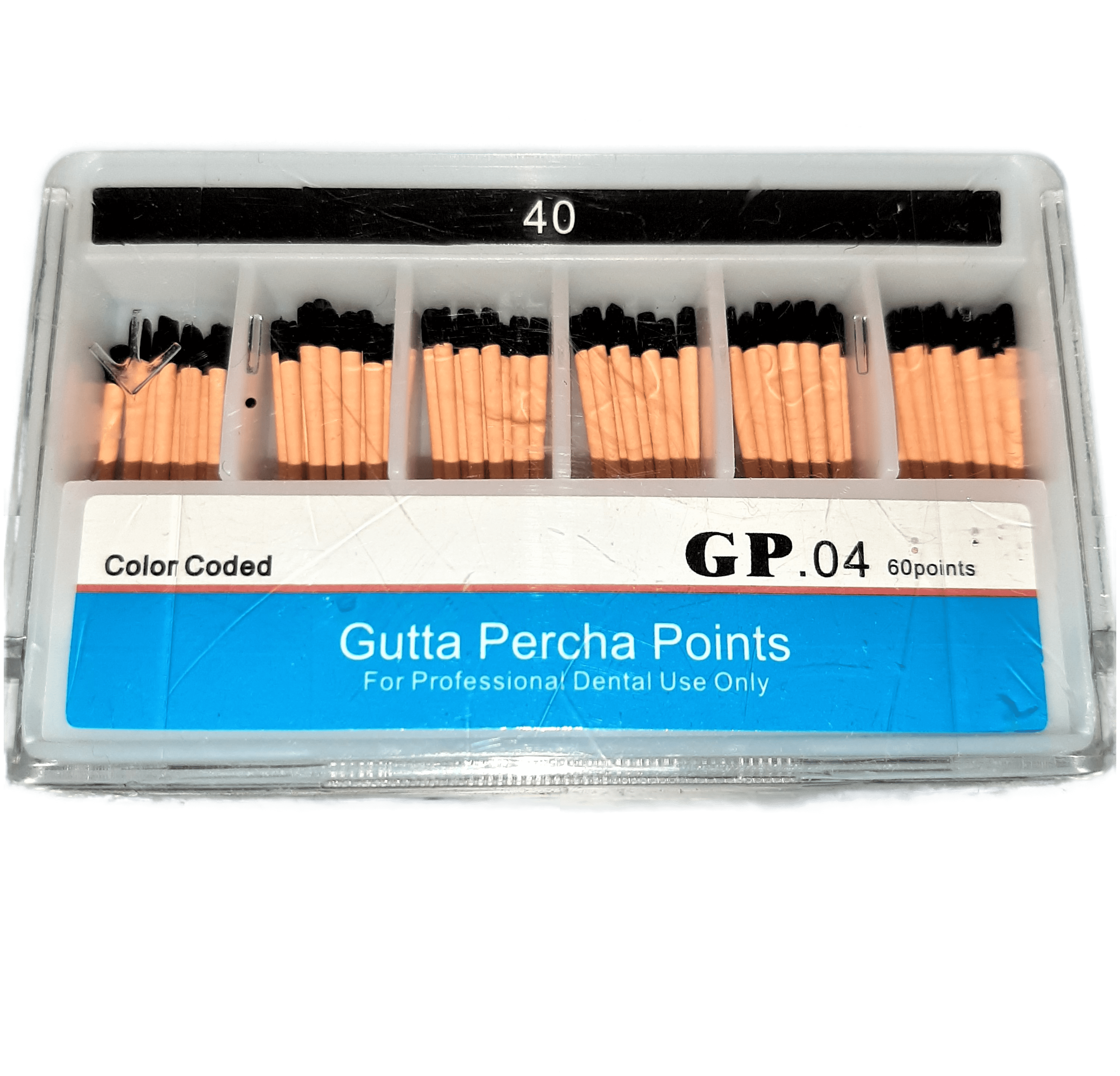 Штифты гуттаперчевые эндоканальные Gutta Percha Points (HAND ROLLED), конусность 04, размер 40,60 штук в упаковке.