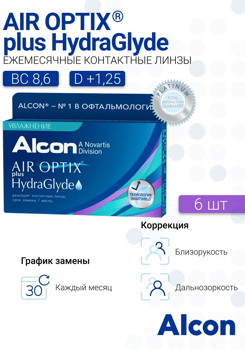 Air Optix plus HydraGlyde (6 линз) (+1.25/8.6)