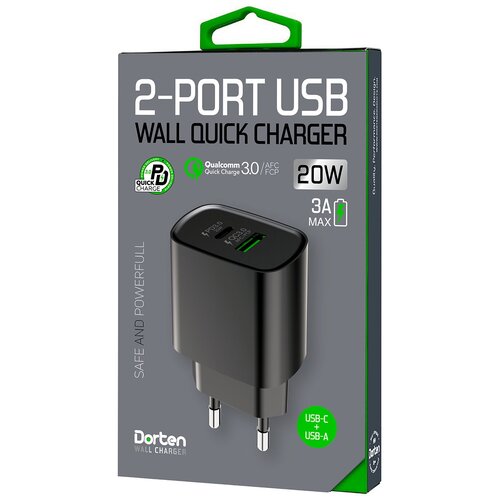 Сетевое зарядное USB устройство Dorten 2-Port USB 20W Wall Quick Charger PD3.0+QC3.0 черный