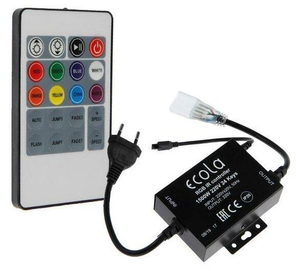 Контроллер Ecola LED strip 220V RGB IR controller 1000W (Вт) 4,5A для ленты 220V 16x8 IP68 с инфракрасным пультом CR161KESB