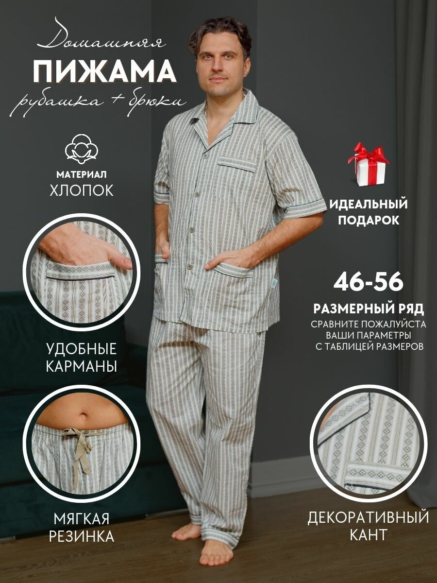 Пижама мужская с брюками и рубашкой с коротким рукавом хлопок Global - фотография № 1