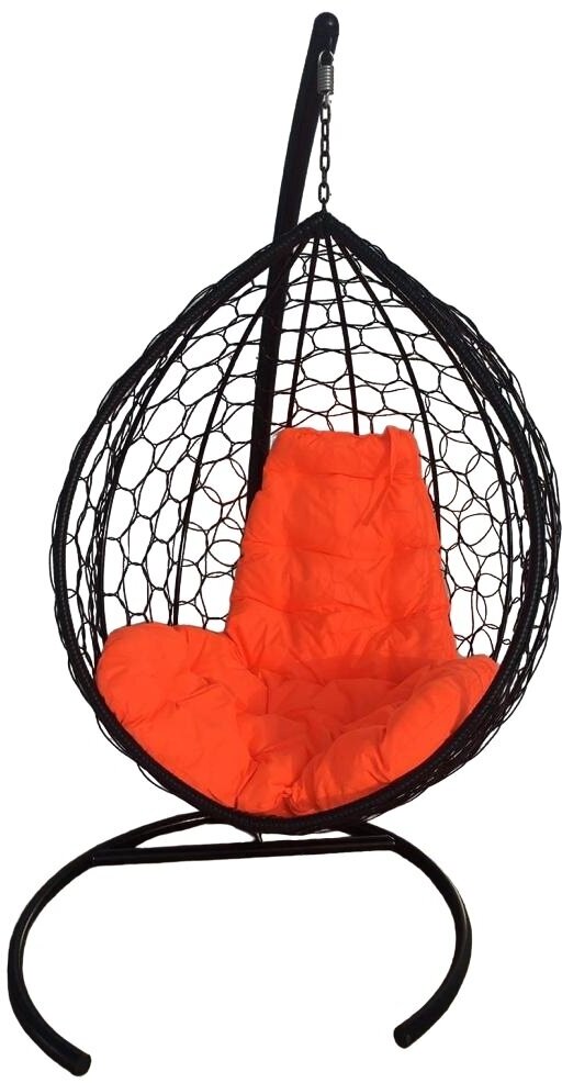 Подвесное кресло кокон с ротангом черное, подушка оранжевая