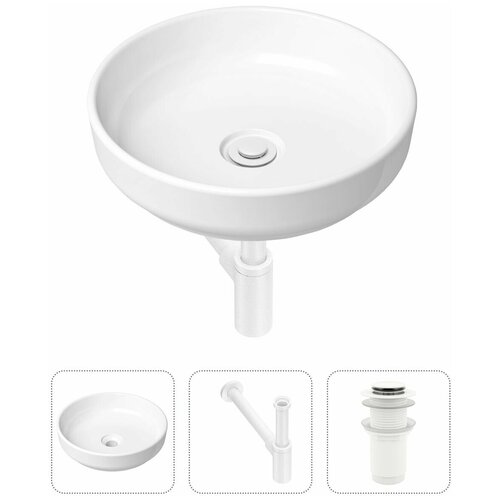Накладная раковина в ванную Lavinia Boho Bathroom Sink Slim 21520169 в комплекте 3 в 1: умывальник белый, донный клапан и сифон в цвете матовый черный