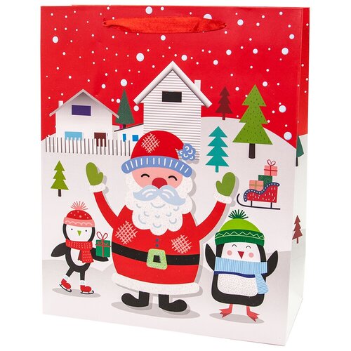 фото Пакет подарочный, дед мороз и маленькие пингвины, красный, с блестками, 32*26*12 см, 1 шт. дон баллон