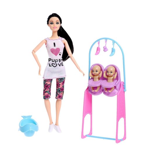 Кукла-модель шарнирная «Молодая Мама» с малышами и аксессуарами, в лосинах