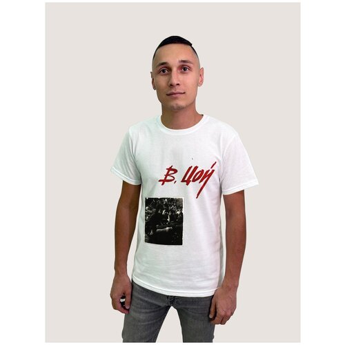 фото Футболка мужская белая из хлопка с dtf принтом музыка виктор цой - 443 будь на стиле