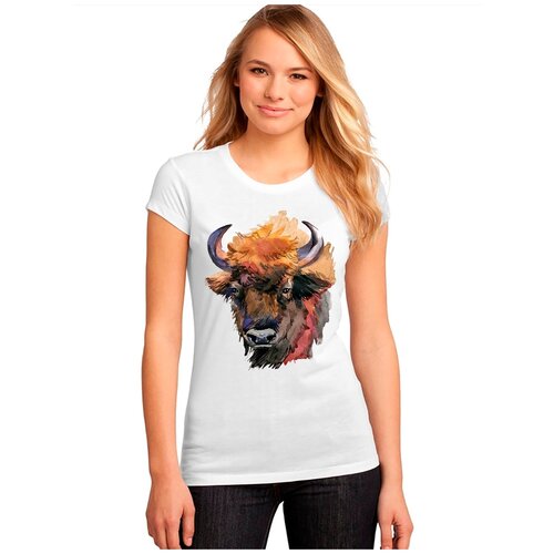 фото "женская белая футболка буйвол, рога, взгляд". размер l drabs