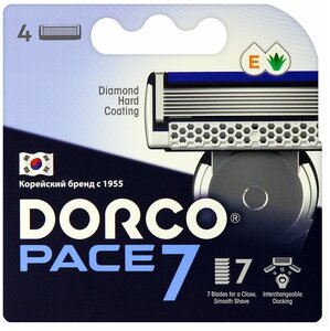 Сменные кассеты Dorco PACE7 (4 кассеты), 7-лезвийные, увл. полоса, крепление PACE