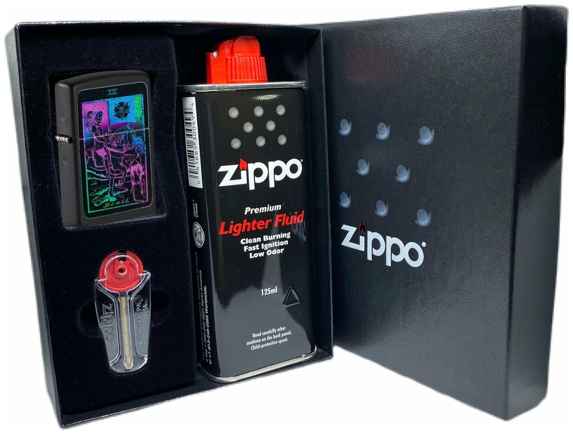 Подарочный набор ZIPPO ( Зажигалка ZIPPO 49698, чёрная, с покрытием Black Matte + кремни + топливо, 125 мл ) - фотография № 1