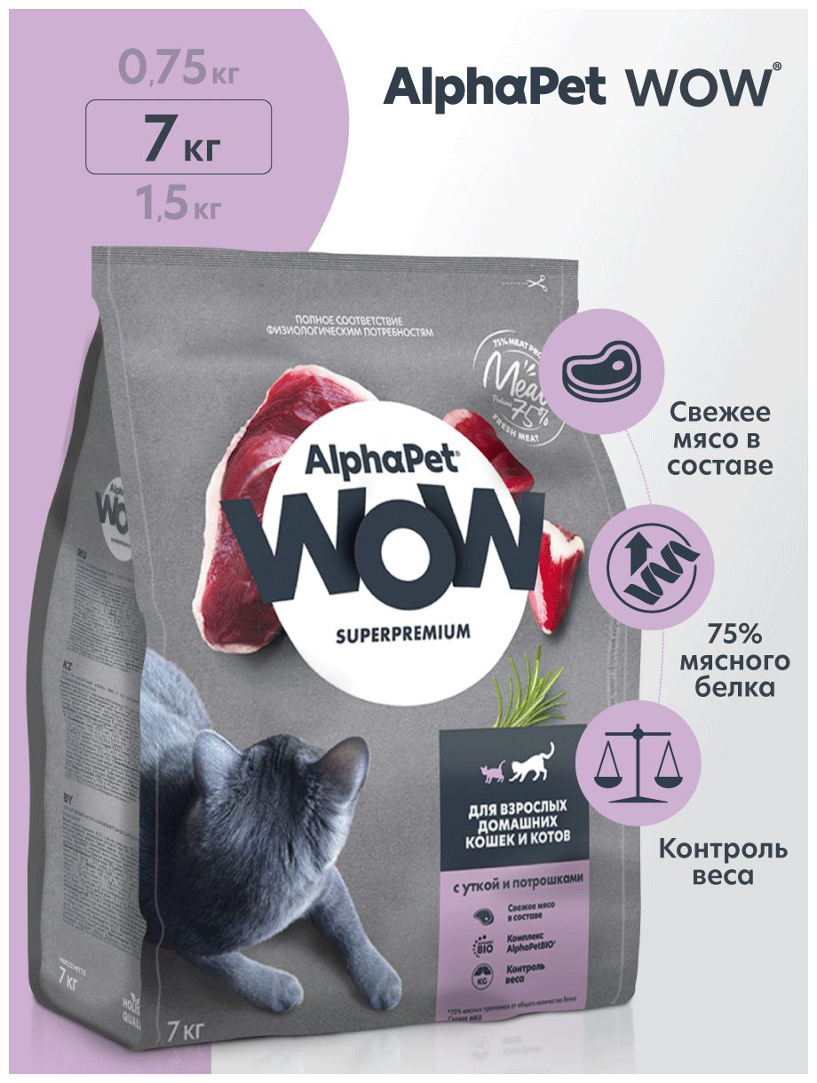 Сухой корм для кошек AlphaPet WOW Superpremium для взрослых домашних кошек и котов с уткой и потрошками