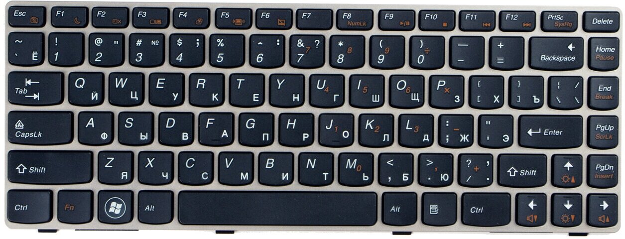 Клавиатура для ноутбука Lenovo IdeaPad Z360 черная с серой рамкой (model Z360-RU)
