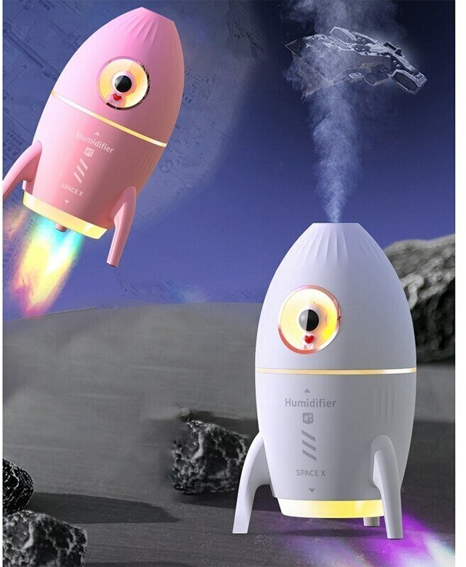 Компактный мини ультразвуковой увлажнитель воздуха и аромадиффузор для дома и квартиры с подсветкой - ночник Ракета, розовый - фотография № 9