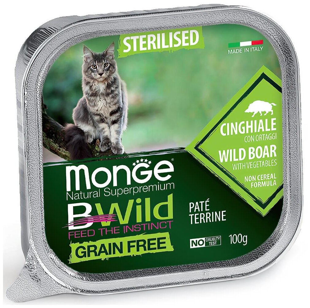 MONGE Cat "Bwild Grain Free" беззерновой из кабана с овощами для стерилизованных кошек 100 г - фотография № 1