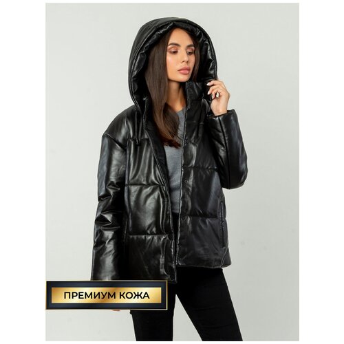 фото Кожаный пуховик 113, каляев, размер 54, черный