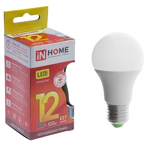 Лампа светодиодная IN HOME LED-A60-VC, Е27, 12 Вт, 230 В, 3000 К, 1080 Лм