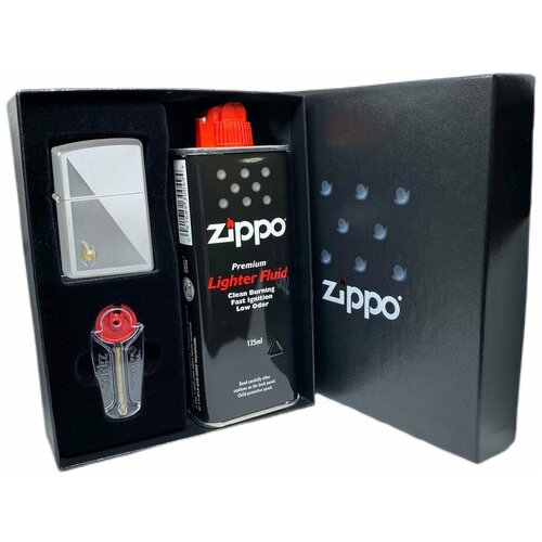 Подарочный набор ZIPPO ( Зажигалка ZIPPO 205 Zippo Flame, серебристая, с покрытием Satin Chrome + кремни + топливо, 125 мл )