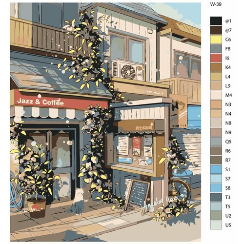 Картина по номерам W-39 Белая кошка у кофейни 80x100