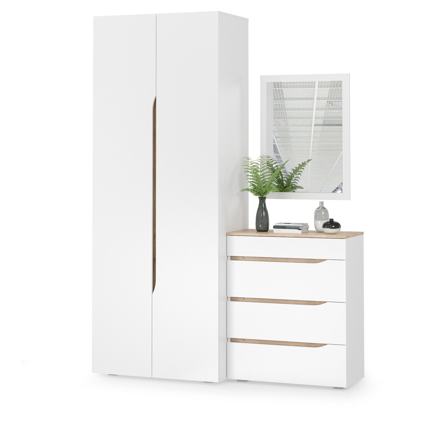 фото Шкаф с комодом и зеркалом Муссон, цвет белый/дуб эндгрейн элегантный, ШхГхВ 164,6х52,3х229,8 см, НЕ универсальная сборка