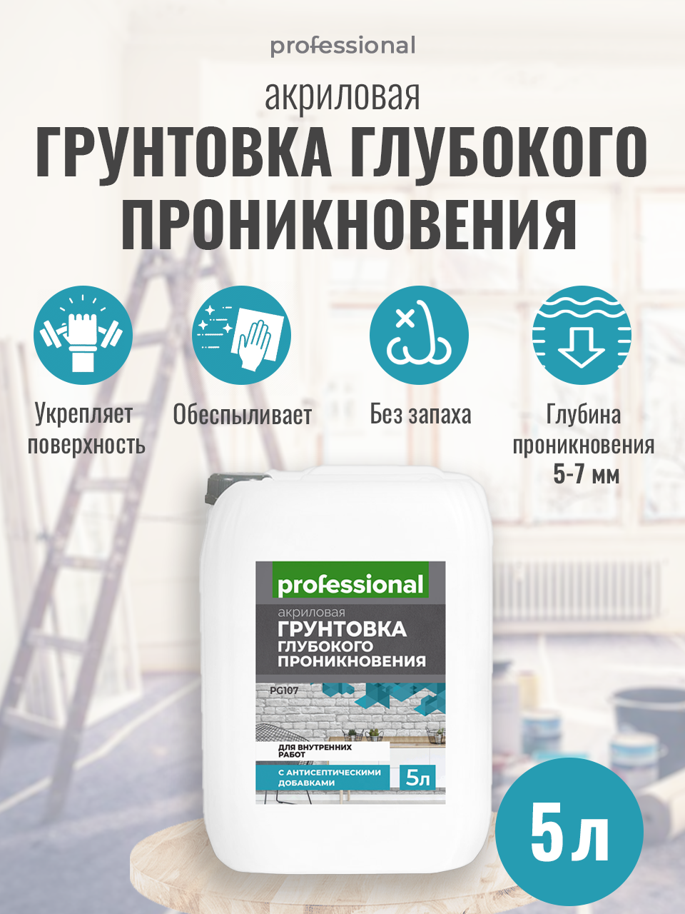 Грунтовка глубокого проникновения для стен и потолков акриловая PROFESSIONAL универсальная с антисептиком для внутренних работ 5л