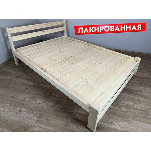 Кровать двуспальная Мишка усиленная из массива сосны со сплошным основанием, 200х180 см (габариты 210х190), лакированная темный, бежевый