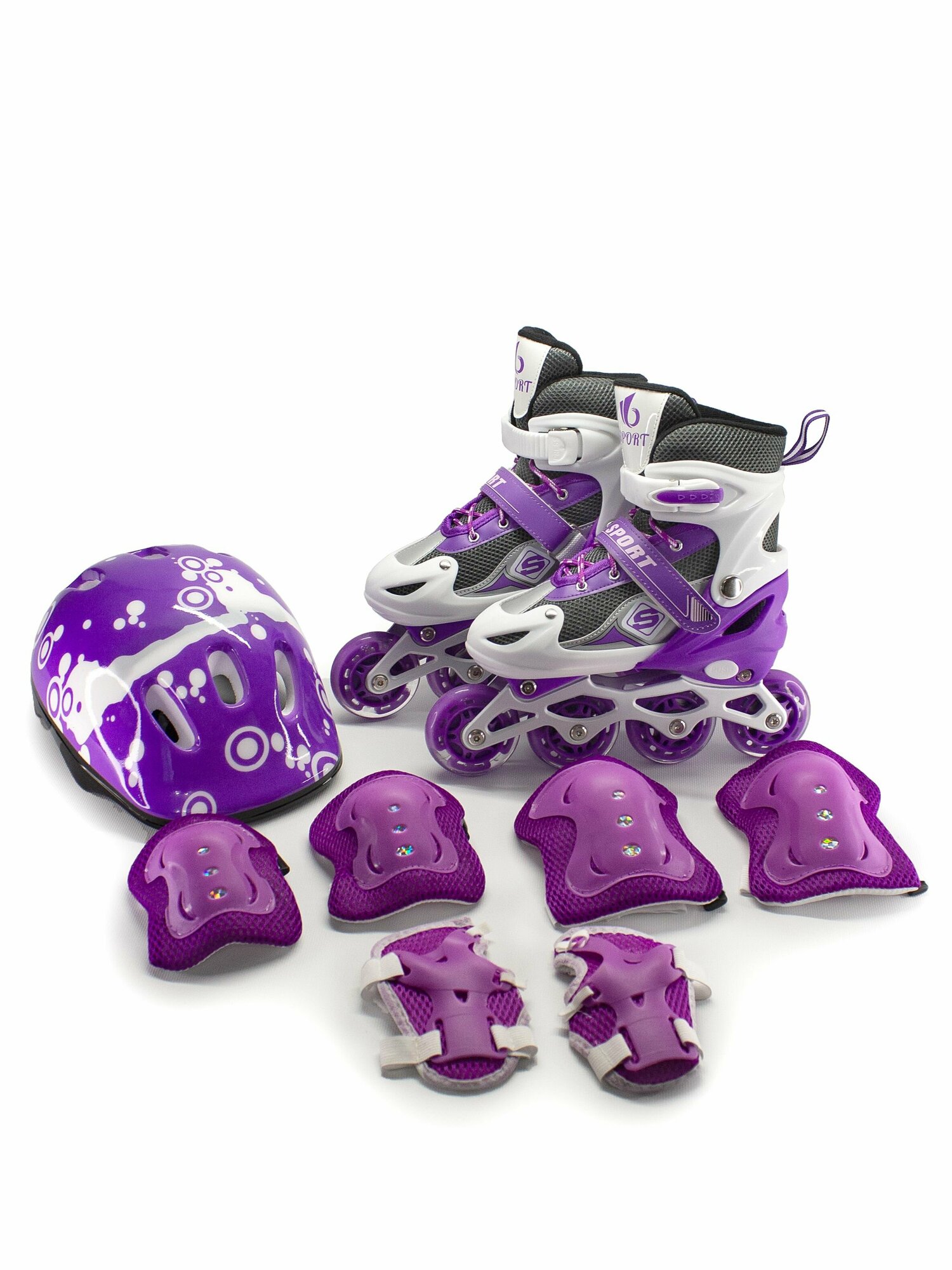 Фиолетовые раздвижные роликовые коньки, шлем, защита коленей, локтей, кистей, сумка, размер 27-30